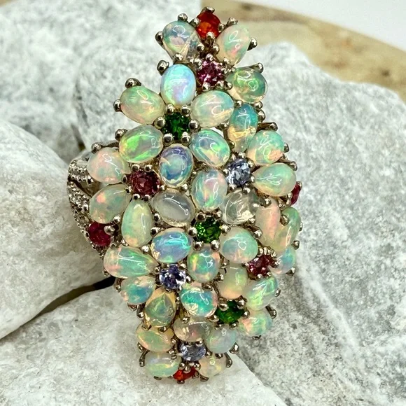 Premium Ethiopian Welo Opal & MultiGemstone 5.75 ctw Statement Ring Platinum/925 - Picture 11 of 17
